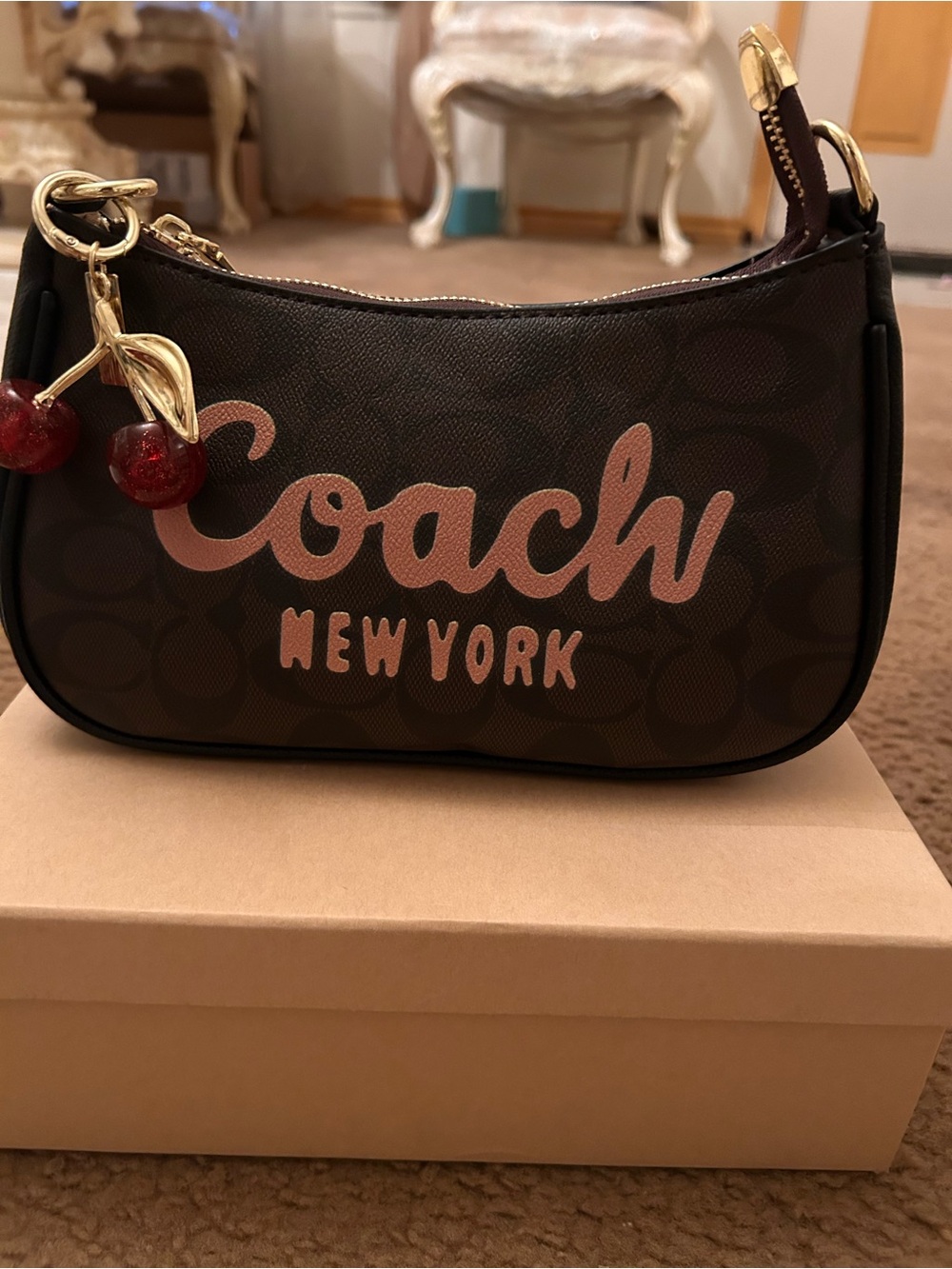Brown Signature Mini Shoulder Bag with Pink Logo